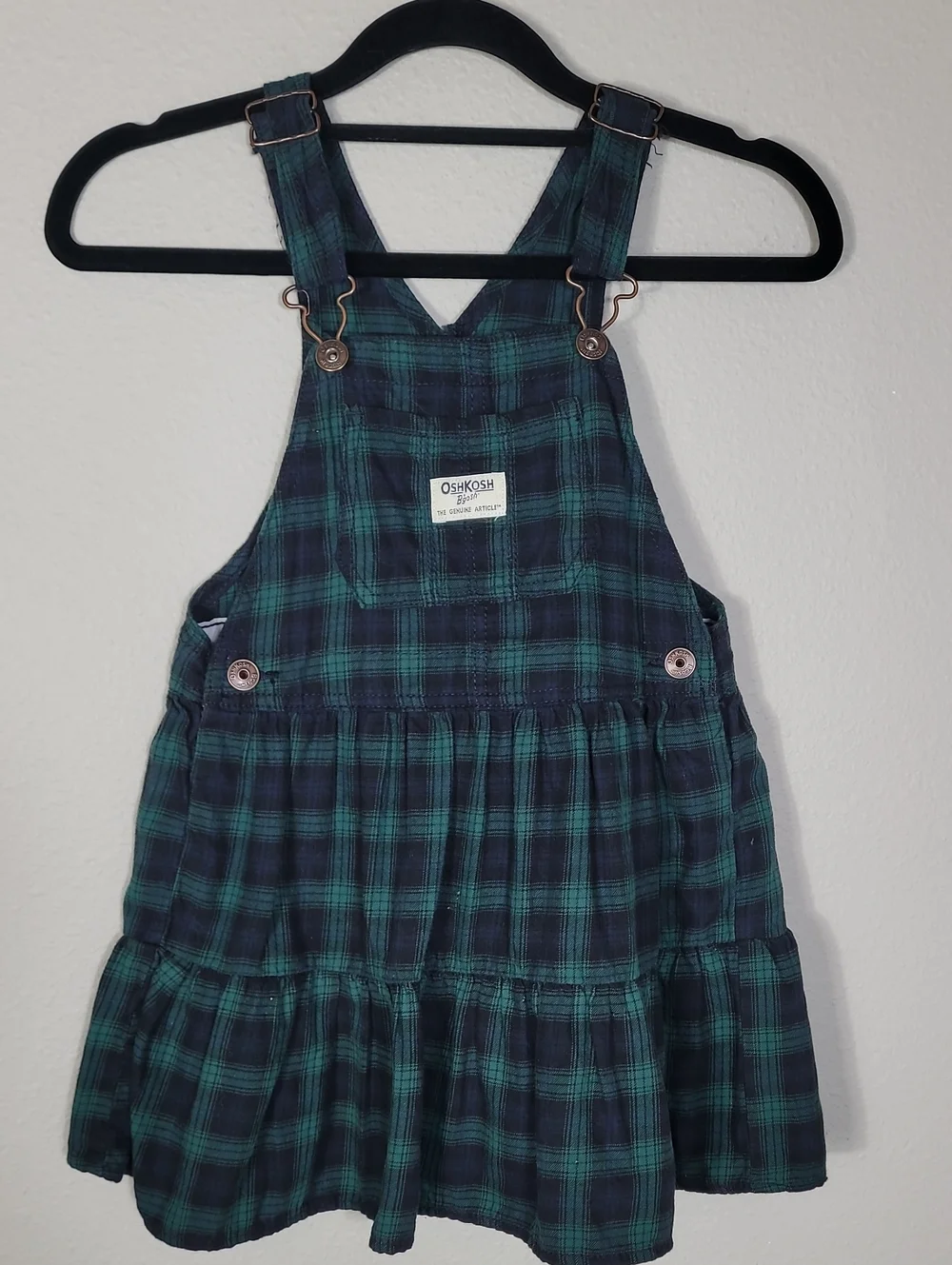 OshKosh Bgosh Plaid Jumper Overall Dress Size 5t Green Navy Preppy Girls Kids